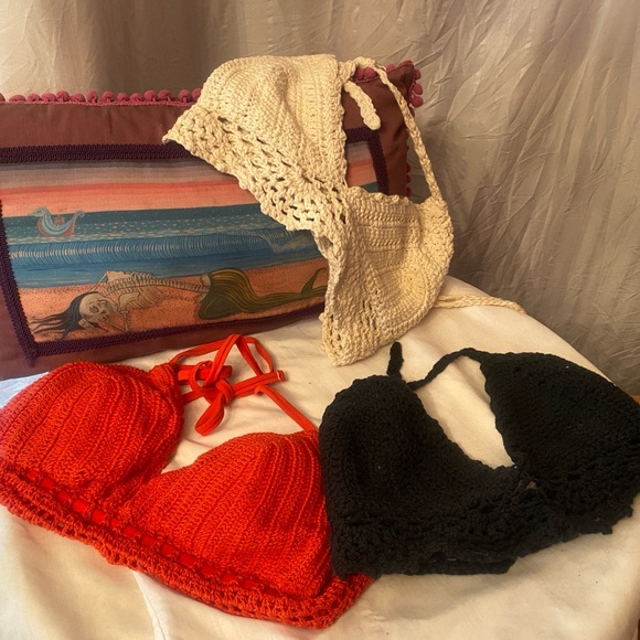 FOUR Hand Crocheted Bikini Tops, Black, Red, Burgundy and Cream. Adjustable. - Picture 11 of 11